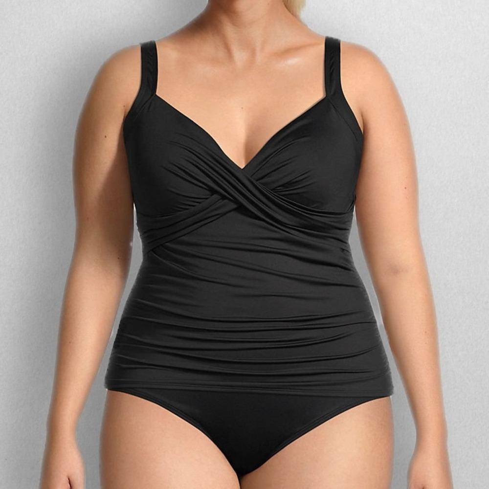 Lands' End DDD-Cup Black Tummy Control Wrap Tankini Swim Top Women’s Size 18